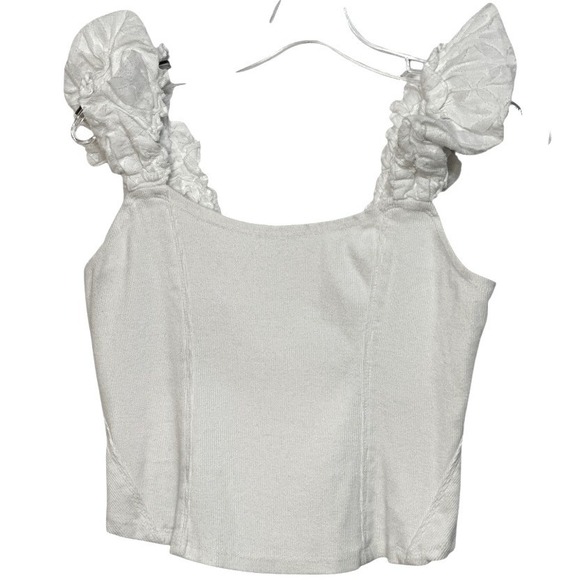 Anthropologie Tops - Anthropologie Tank Top White Ribbed Knit Ruffle Strap Crop Y2K CoquetteGirl SZ M